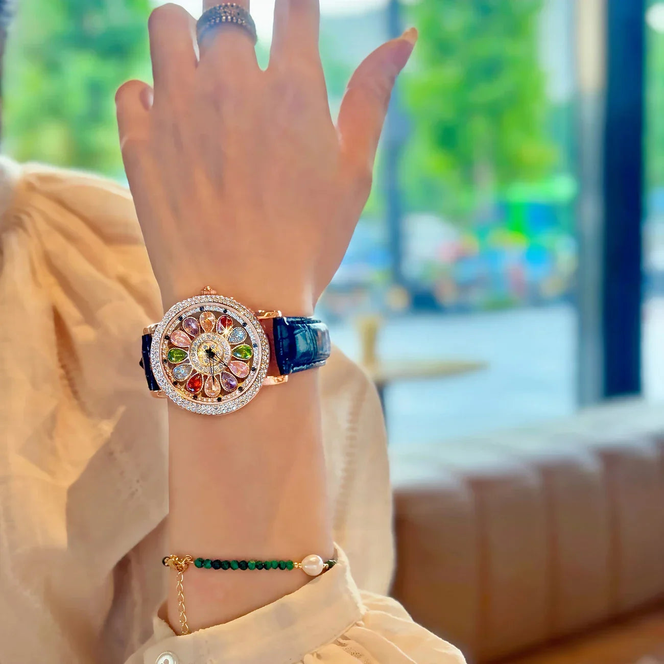 β¨ Fashionable Womenβs Quartz Watch β | Colorful Rhinestone π | Rotating Dial π« | PU Leather Strap π | Everyday & Date Night Ready π - DoorAndSteps E Commerce