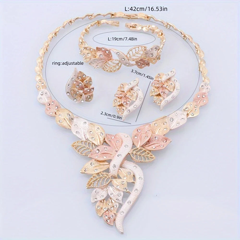 π Fashion Rhinestone Leaf Jewelry Set β Necklace, Bracelet, Earrings & Ring for Women πΏβ¨