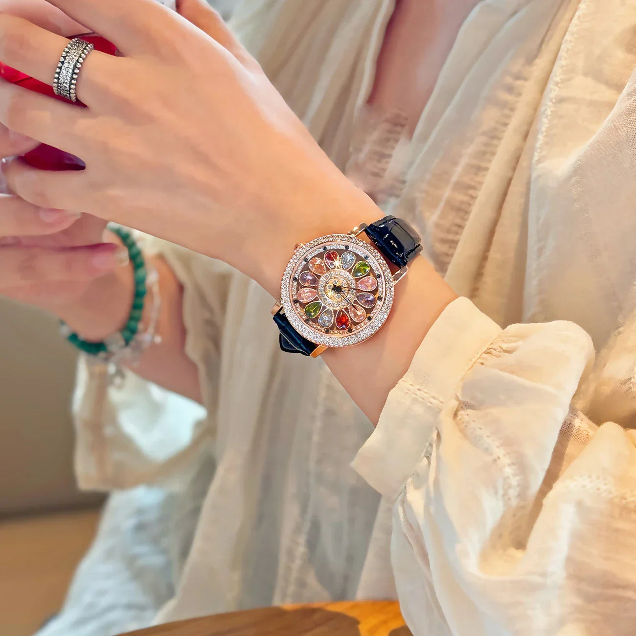 β¨ Fashionable Womenβs Quartz Watch β | Colorful Rhinestone π | Rotating Dial π« | PU Leather Strap π | Everyday & Date Night Ready π - DoorAndSteps E Commerce