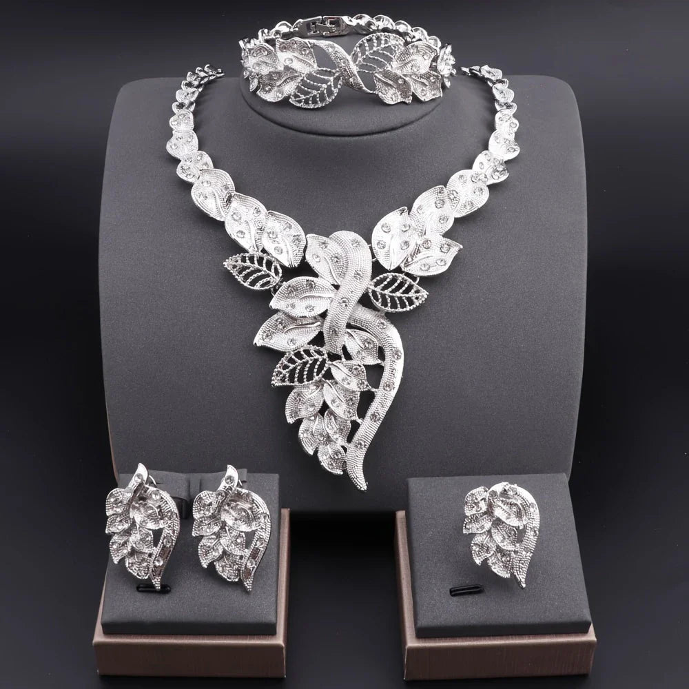 π Fashion Rhinestone Leaf Jewelry Set β Necklace, Bracelet, Earrings & Ring for Women πΏβ¨
