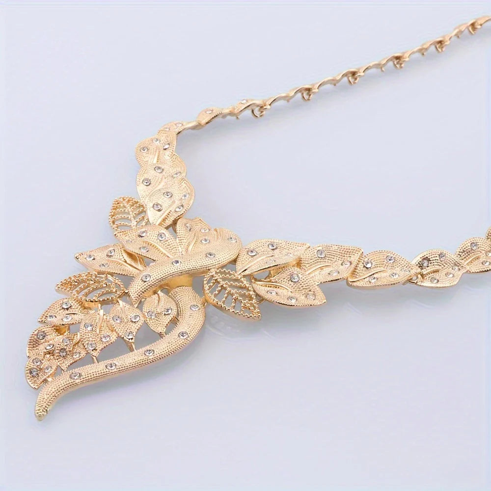 π Fashion Rhinestone Leaf Jewelry Set β Necklace, Bracelet, Earrings & Ring for Women πΏβ¨