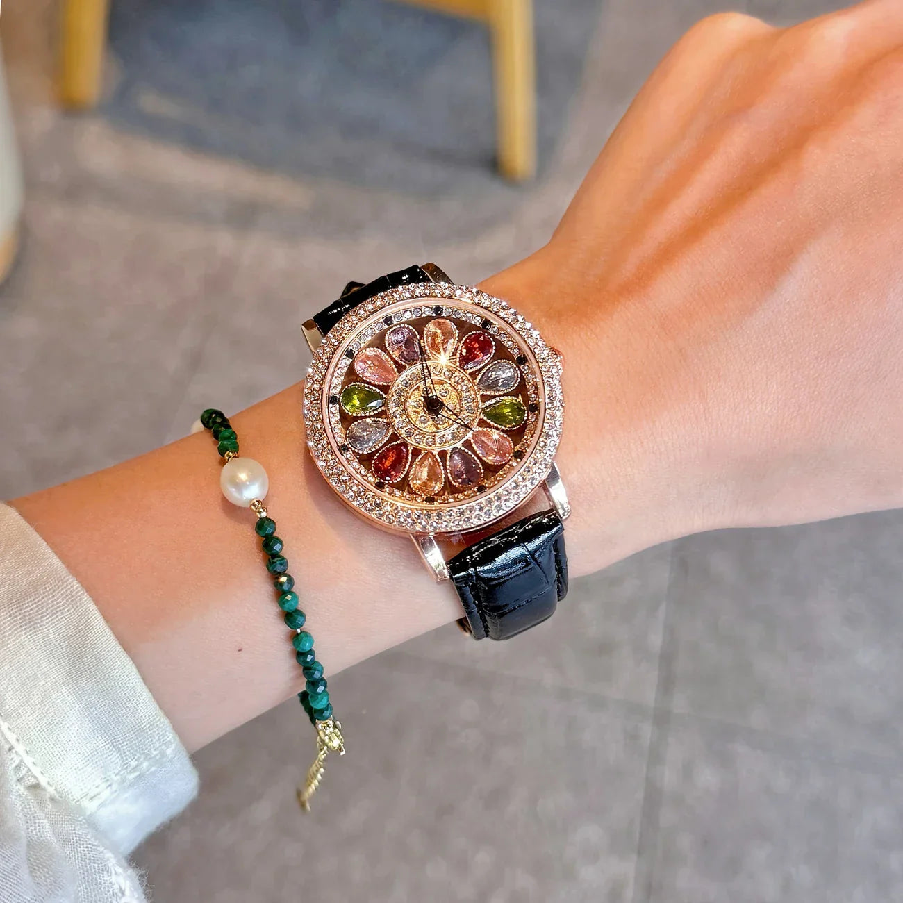 β¨ Fashionable Womenβs Quartz Watch β | Colorful Rhinestone π | Rotating Dial π« | PU Leather Strap π | Everyday & Date Night Ready π - DoorAndSteps E Commerce
