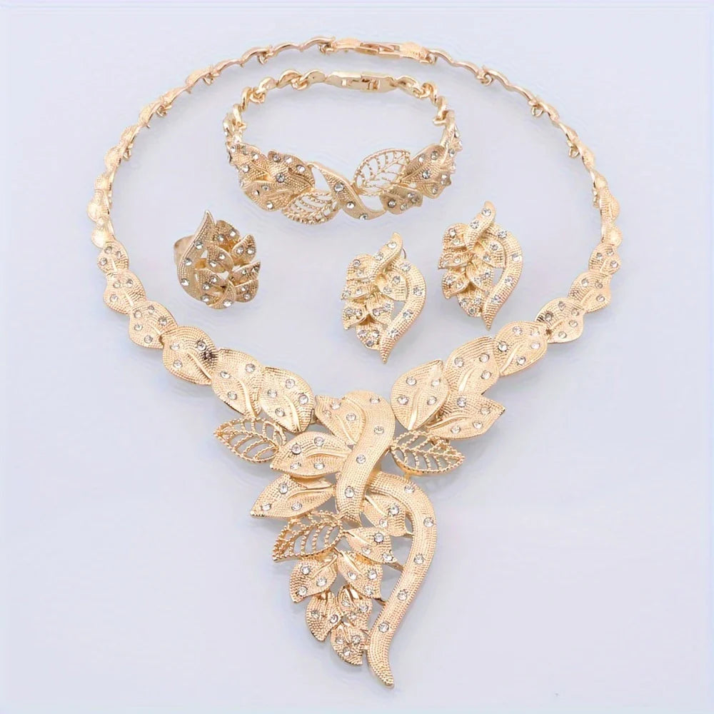 π Fashion Rhinestone Leaf Jewelry Set β Necklace, Bracelet, Earrings & Ring for Women πΏβ¨