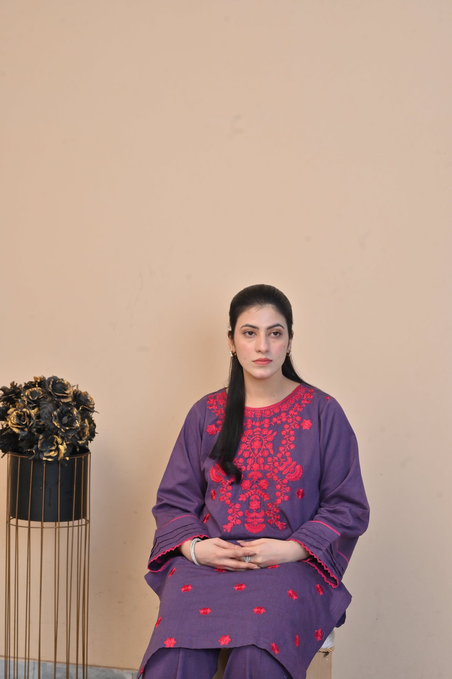 Elegant Purple 2-Piece Embroidered Cotton Suit for Women - DoorAndSteps E Commerce