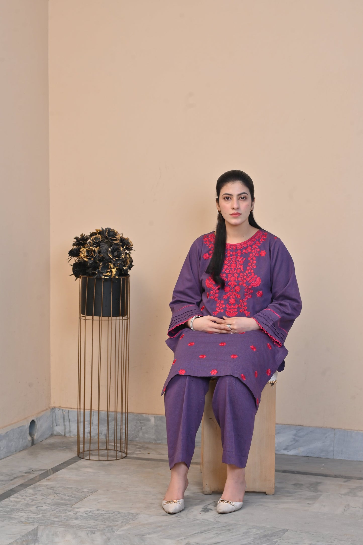 Elegant Purple 2-Piece Embroidered Cotton Suit for Women - DoorAndSteps E Commerce