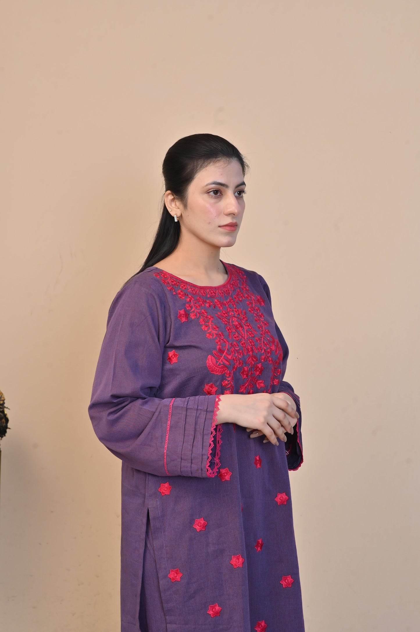 Elegant Purple 2-Piece Embroidered Cotton Suit for Women - DoorAndSteps E Commerce