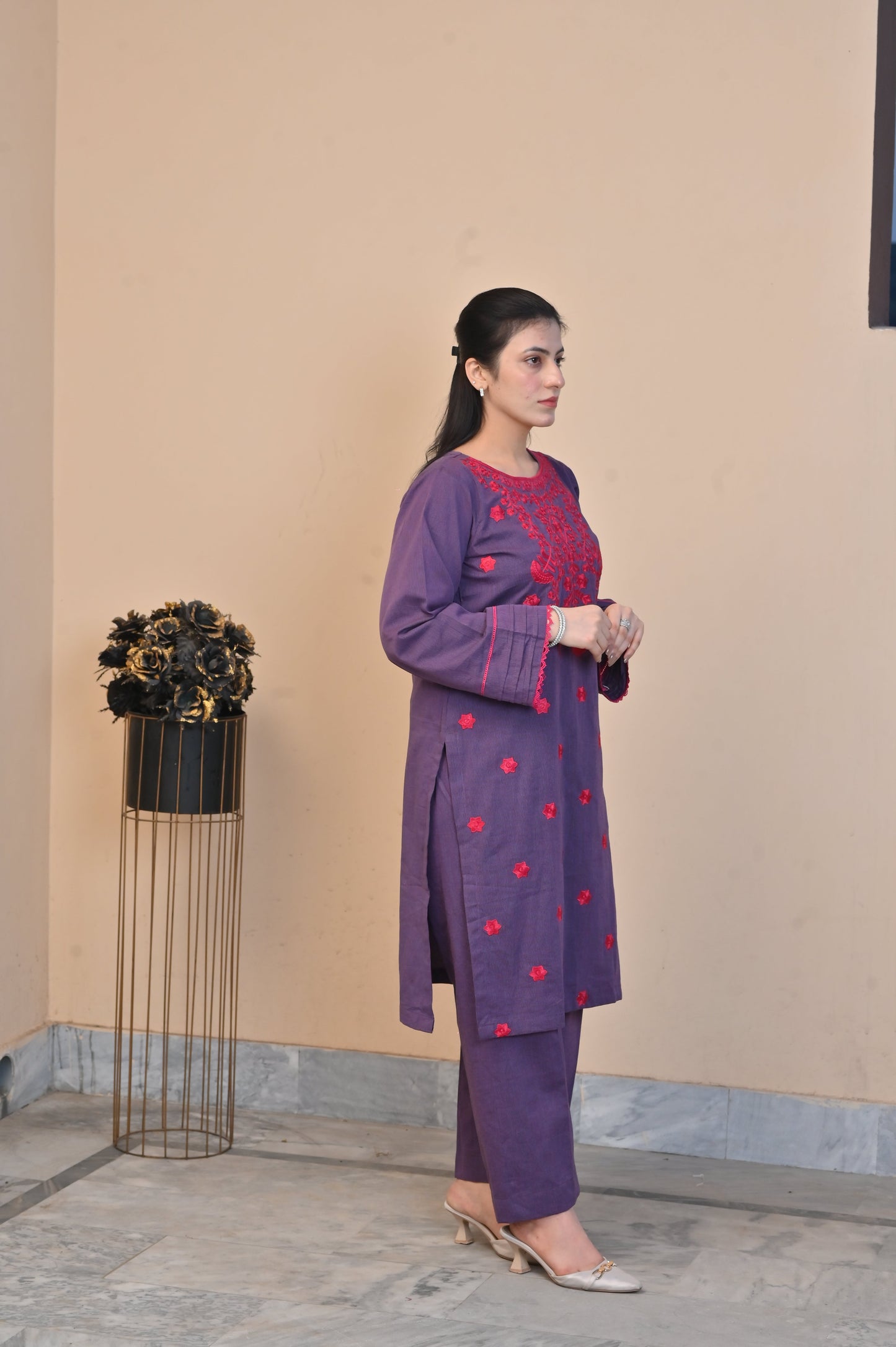 Elegant Purple 2-Piece Embroidered Cotton Suit for Women - DoorAndSteps E Commerce