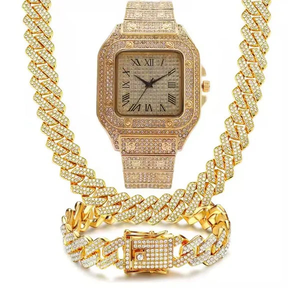 Luxury Iced Out Watch and Cuban Link Bracelet Set – Bling Diamond Watch | Hip Hop Jewelry - DoorAndSteps E Commerce