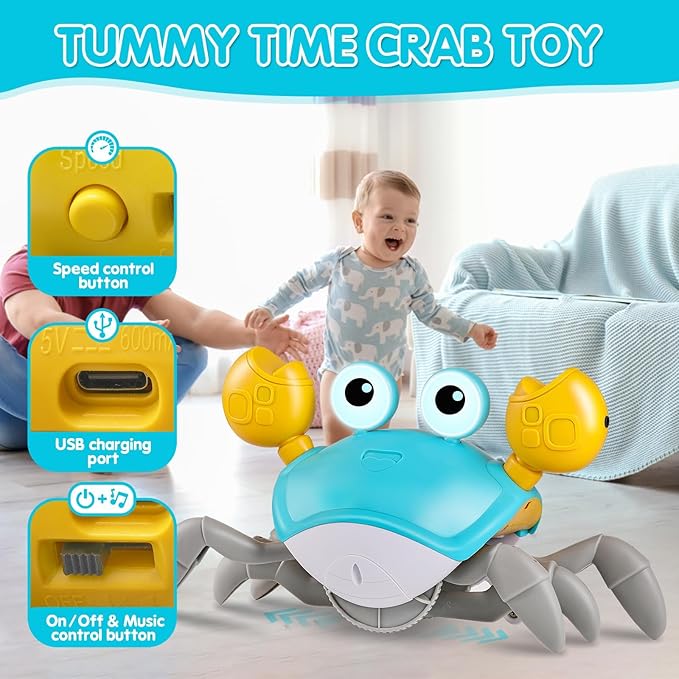 Crawling Crab Baby Toys with Music&Speed Control, Tummy Time Toys for 3 4 5 6 7 8 9 10 11 Boy Girl, Dancing Walking Crawly Crab for Babies Toddler Infant 6-12 12-18 Months Kid 1-3, 1st Birthday Gifts