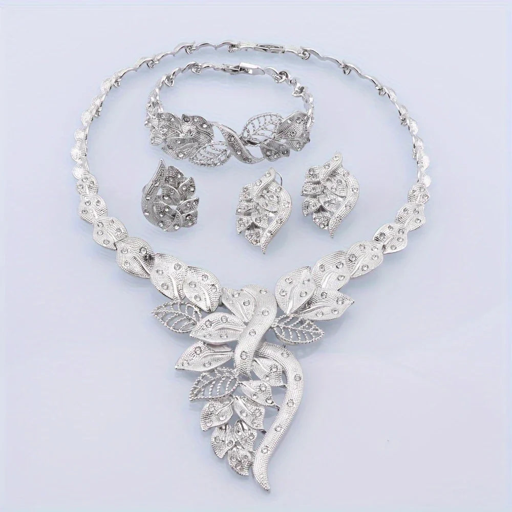 π Fashion Rhinestone Leaf Jewelry Set β Necklace, Bracelet, Earrings & Ring for Women πΏβ¨