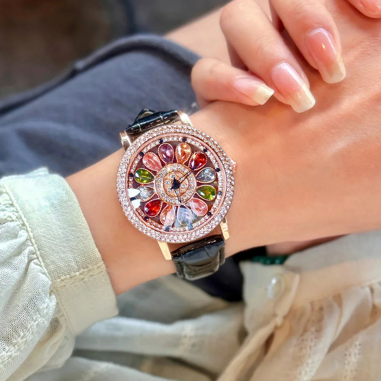 β¨ Fashionable Womenβs Quartz Watch β | Colorful Rhinestone π | Rotating Dial π« | PU Leather Strap π | Everyday & Date Night Ready π - DoorAndSteps E Commerce