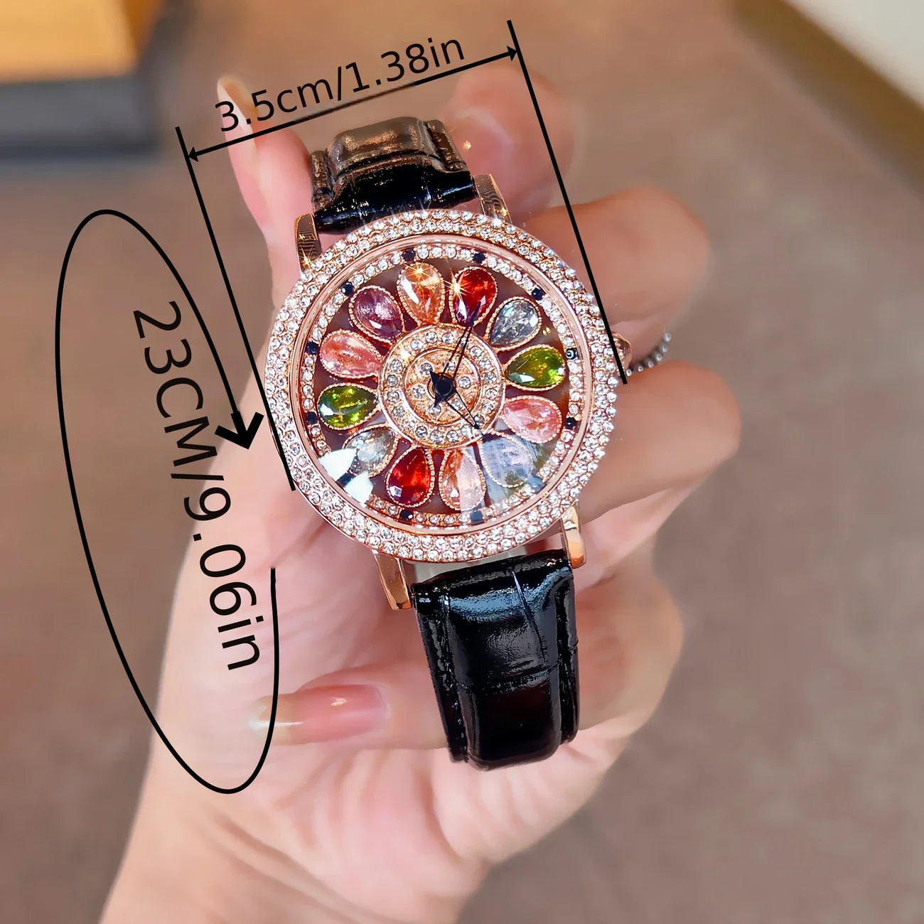 β¨ Fashionable Womenβs Quartz Watch β | Colorful Rhinestone π | Rotating Dial π« | PU Leather Strap π | Everyday & Date Night Ready π - DoorAndSteps E Commerce