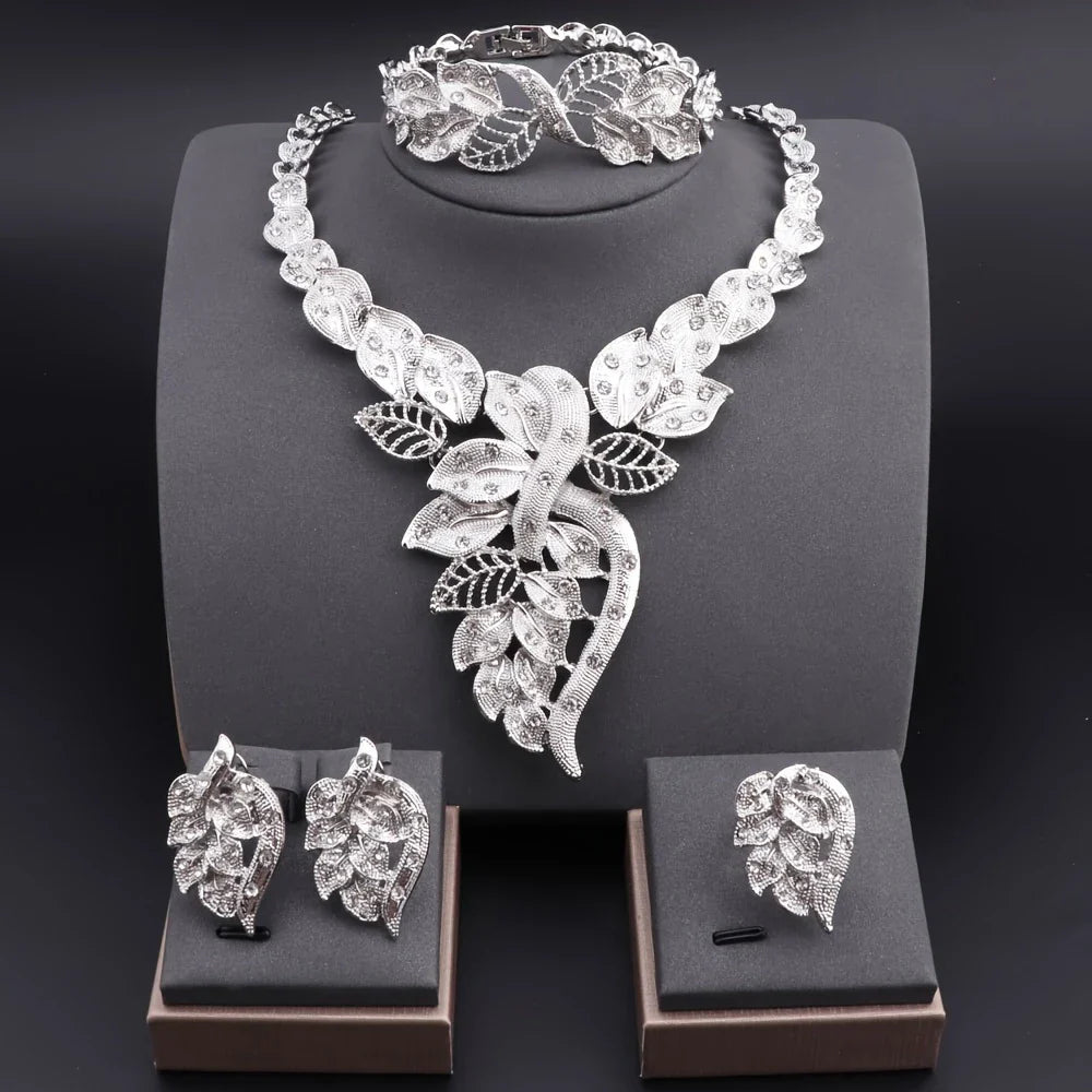 π Fashion Rhinestone Leaf Jewelry Set β Necklace, Bracelet, Earrings & Ring for Women πΏβ¨
