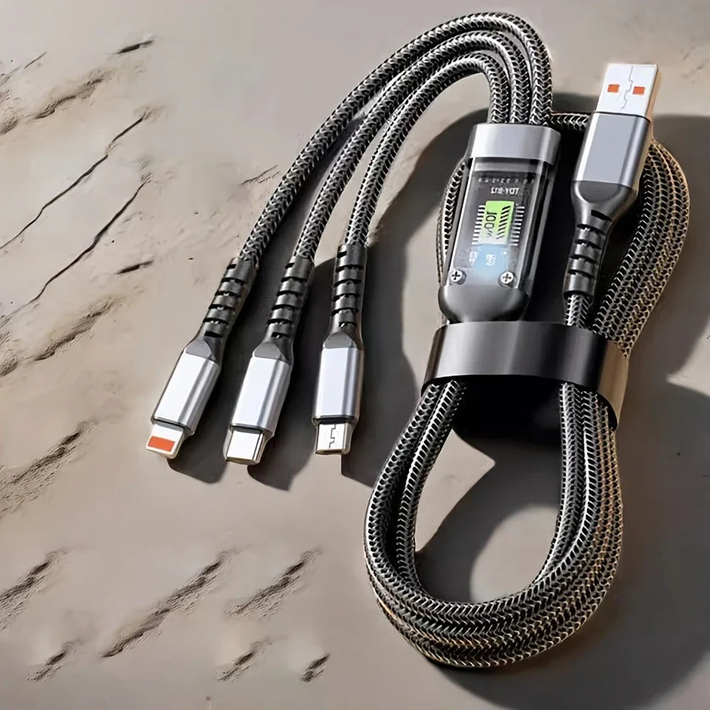🔌3-in-1 Fast Charging Cable with LED Display – 100W Power, Universal USB Type-C, Micro & Lightning Support - DoorAndSteps E Commerce 