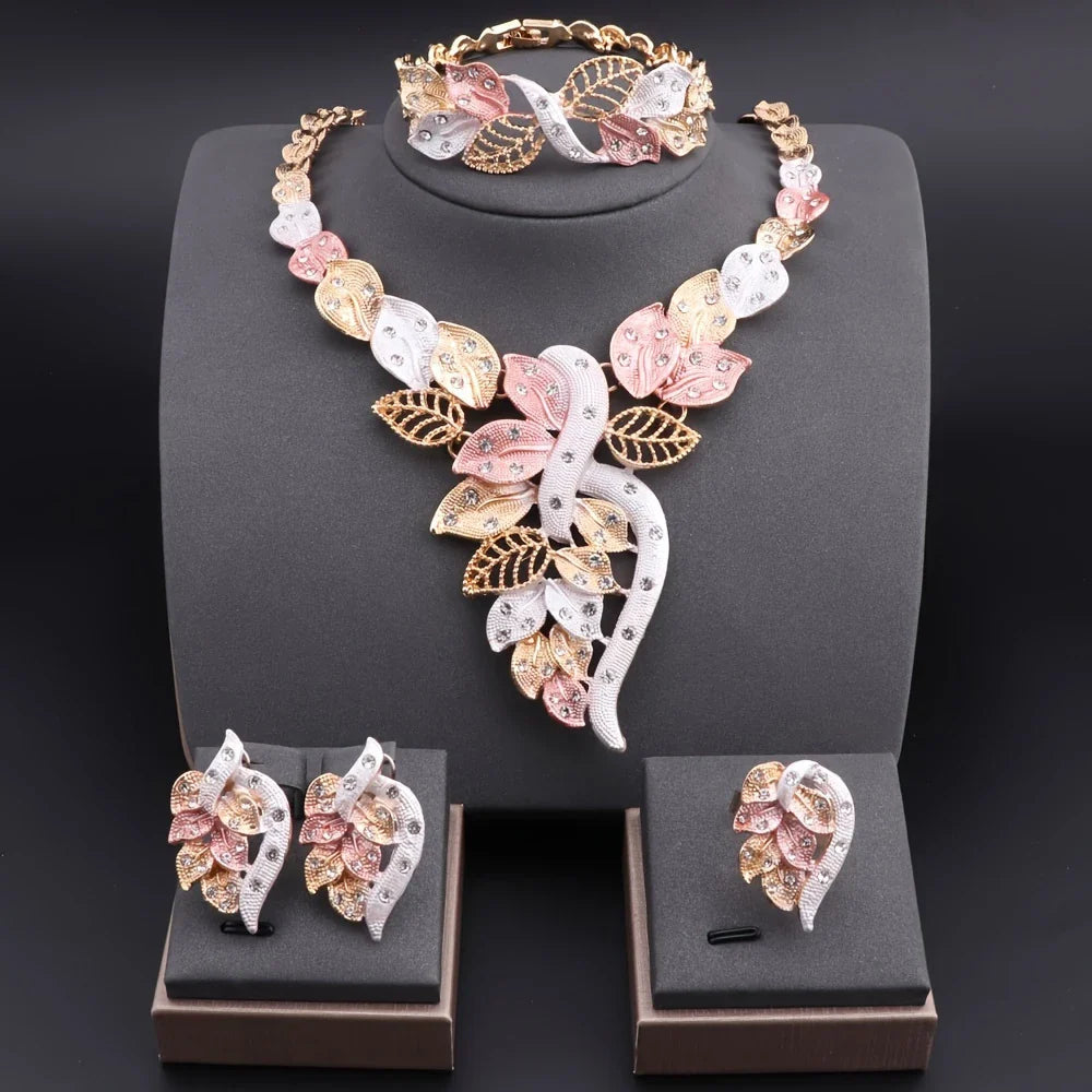 💎 Fashion Rhinestone Leaf Jewelry Set – Necklace, Bracelet, Earrings & Ring for Women 🌿✨
