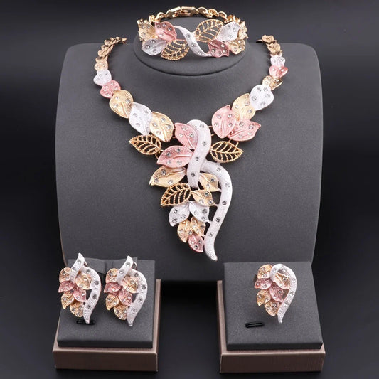 💎 Fashion Rhinestone Leaf Jewelry Set – Necklace, Bracelet, Earrings & Ring for Women 🌿✨