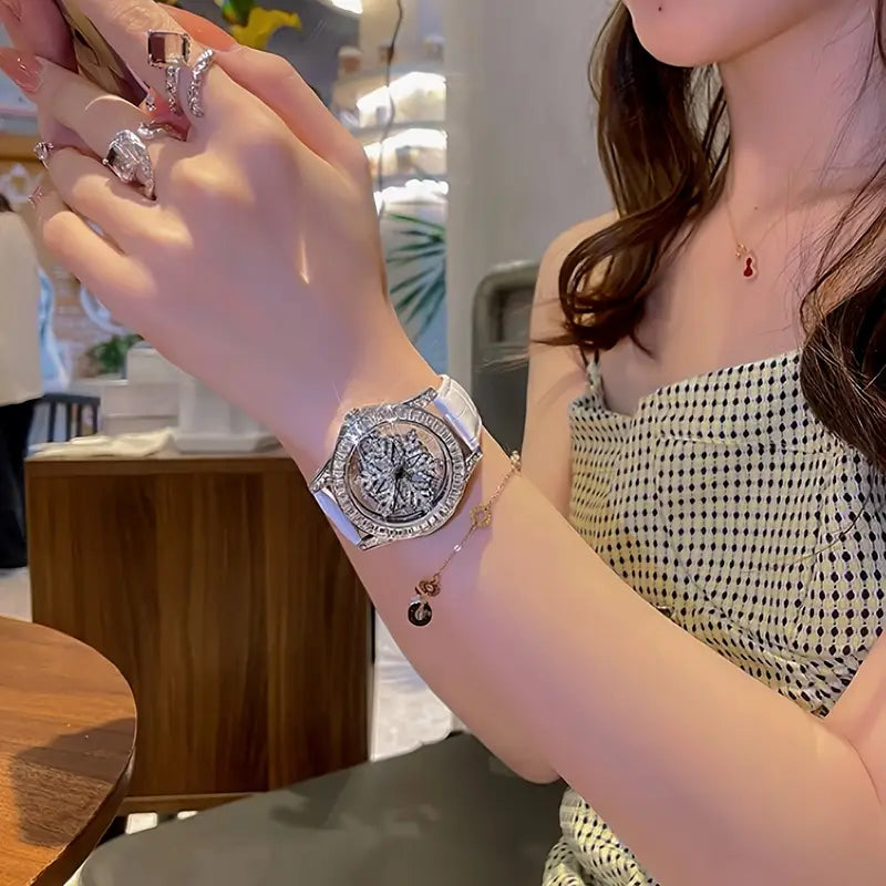 🕊️✨ Elegant Starry Sky Women’s Watch – Snowflake Dial & Faux Leather Strap ❄️💫 - DoorAndSteps E Commerce 