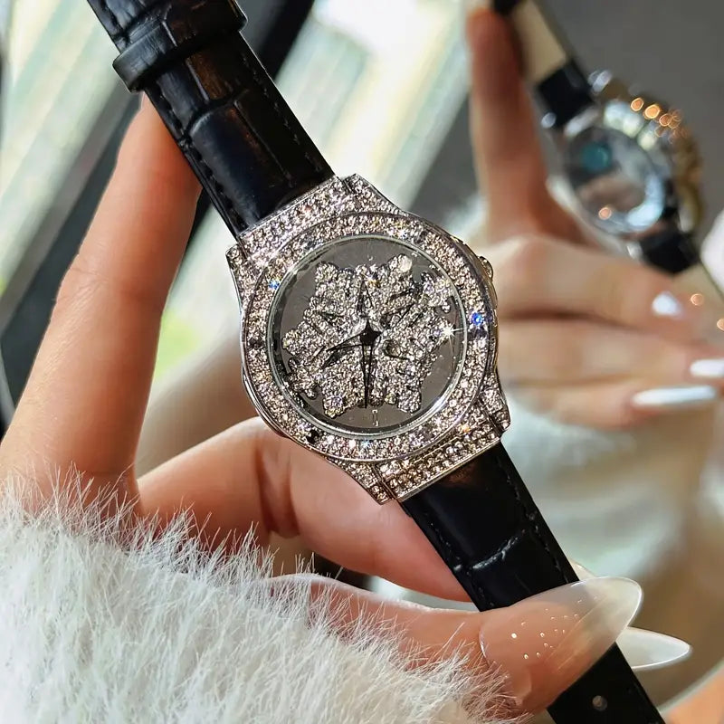 🕊️✨ Elegant Starry Sky Women’s Watch – Snowflake Dial & Faux Leather Strap ❄️💫 - DoorAndSteps E Commerce 
