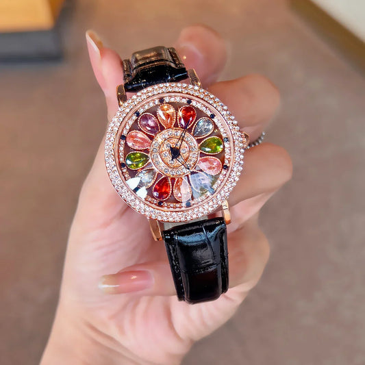 ✨ Fashionable Women’s Quartz Watch ⌚ | Colorful Rhinestone 🌈 | Rotating Dial 💫 | PU Leather Strap 👜 | Everyday & Date Night Ready 💖 - DoorAndSteps E Commerce 