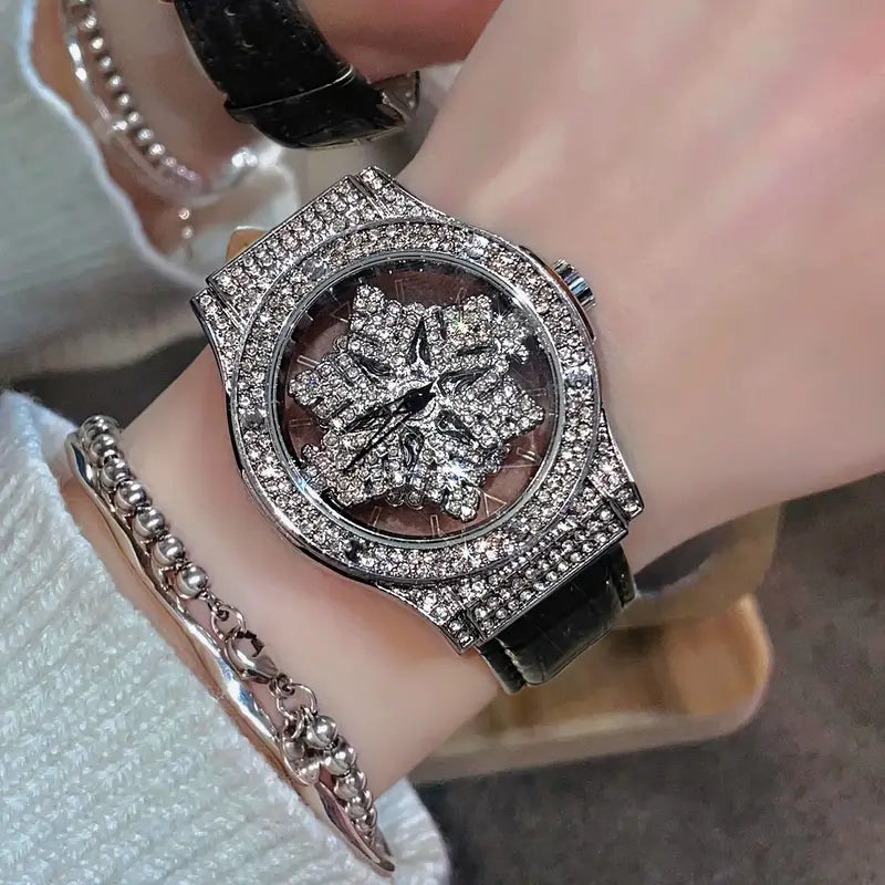 🕊️✨ Elegant Starry Sky Women’s Watch – Snowflake Dial & Faux Leather Strap ❄️💫 - DoorAndSteps E Commerce 