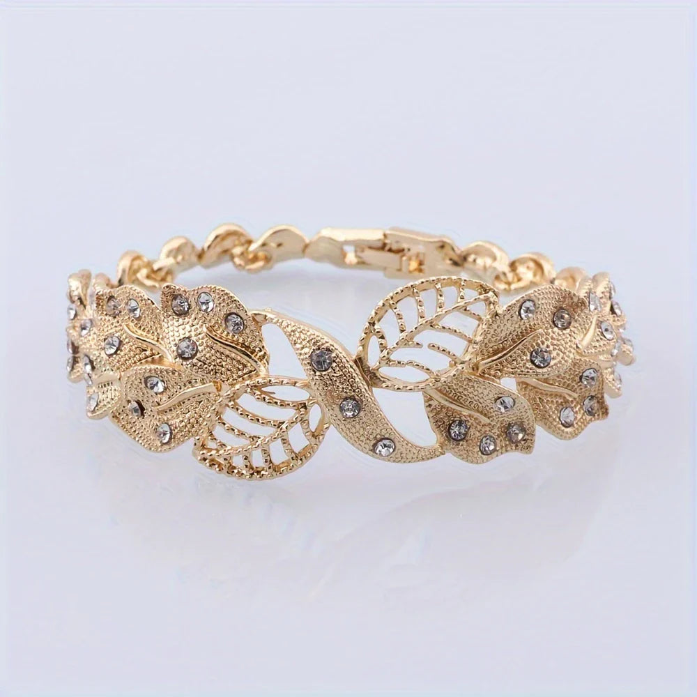 💎 Fashion Rhinestone Leaf Jewelry Set – Necklace, Bracelet, Earrings & Ring for Women 🌿✨