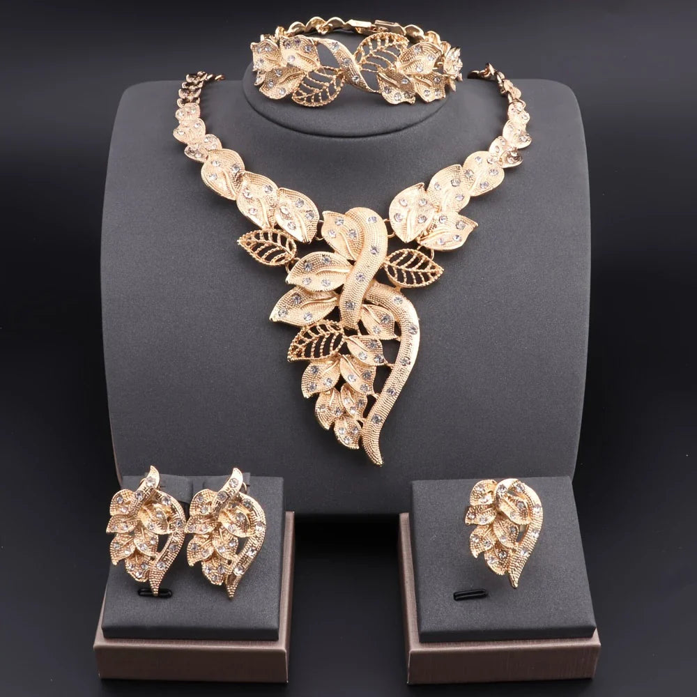 💎 Fashion Rhinestone Leaf Jewelry Set – Necklace, Bracelet, Earrings & Ring for Women 🌿✨