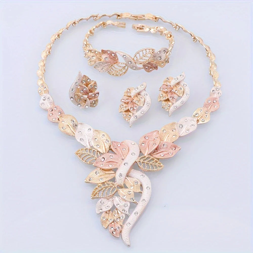 💎 Fashion Rhinestone Leaf Jewelry Set – Necklace, Bracelet, Earrings & Ring for Women 🌿✨