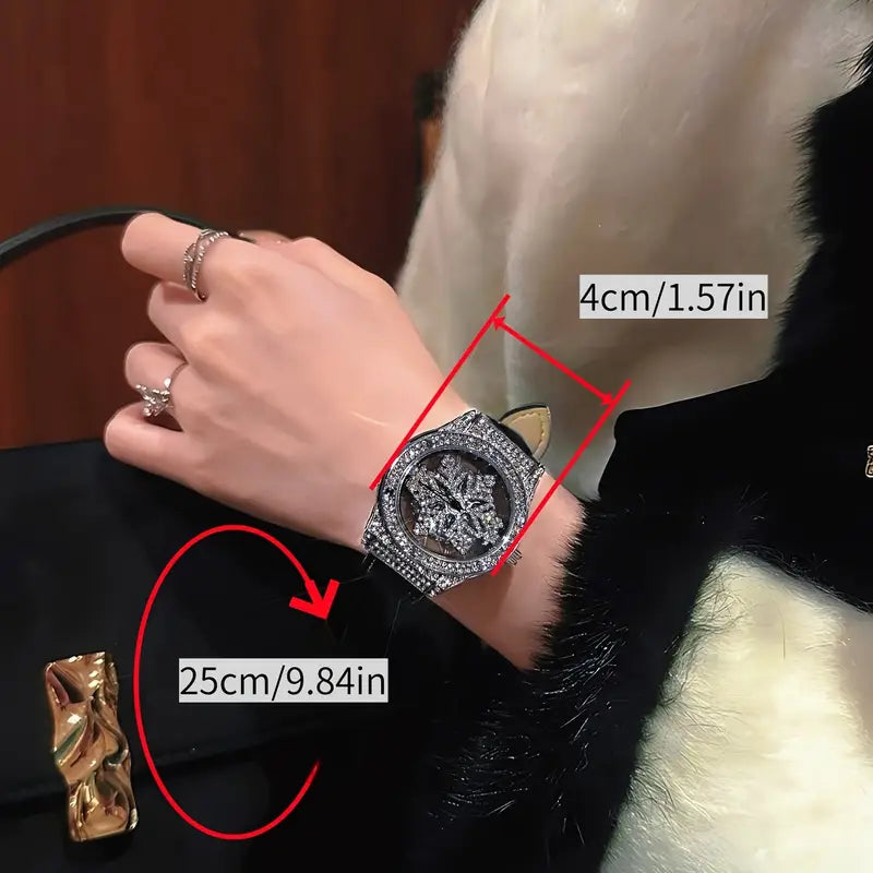 🕊️✨ Elegant Starry Sky Women’s Watch – Snowflake Dial & Faux Leather Strap ❄️💫 - DoorAndSteps E Commerce 