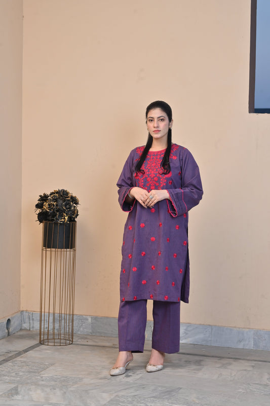 Elegant Purple 2-Piece Embroidered Cotton Suit for Women - DoorAndSteps E Commerce 