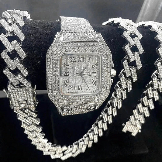 Luxury Iced Out Watch and Cuban Link Bracelet Set – Bling Diamond Watch | Hip Hop Jewelry - DoorAndSteps E Commerce 