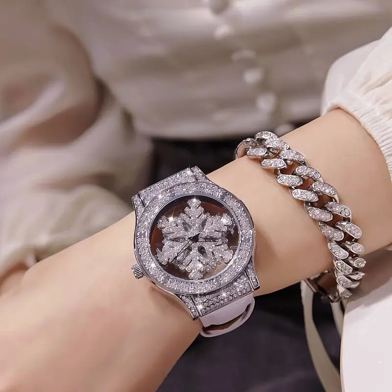 🕊️✨ Elegant Starry Sky Women’s Watch – Snowflake Dial & Faux Leather Strap ❄️💫 - DoorAndSteps E Commerce 