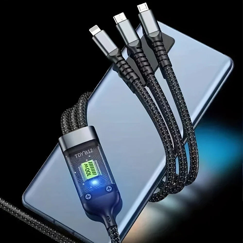 🔌3-in-1 Fast Charging Cable with LED Display – 100W Power, Universal USB Type-C, Micro & Lightning Support - DoorAndSteps E Commerce 