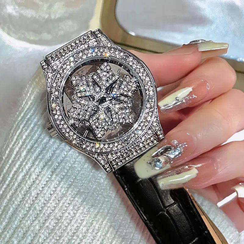 🕊️✨ Elegant Starry Sky Women’s Watch – Snowflake Dial & Faux Leather Strap ❄️💫 - DoorAndSteps E Commerce 
