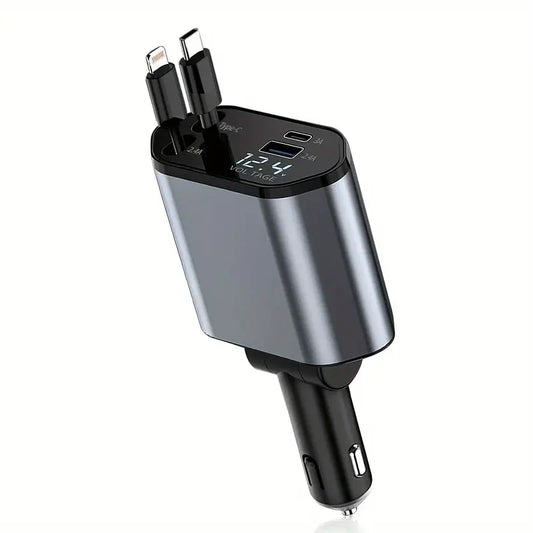 4-in-1 Fast Car Charger with Extendable 31.5" Cable, USB & Type-C Ports - Compatibility for Phone 16/15/14/13/12/11, More -Adjustable 180° Plug, Tangle-Free Design, Ideal for Dashboard Mounting, Car Charger Fast Charge - DoorAndSteps E Commerce 