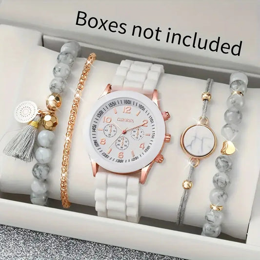⌚✨ Elegant Women's Quartz Watch + 4-Piece Jewelry Set 💎🌟 | Perfect Gift Combo 🎁💖 - DoorAndSteps E Commerce 