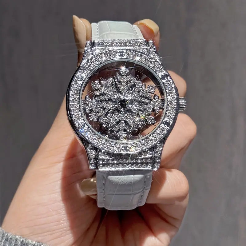 🕊️✨ Elegant Starry Sky Women’s Watch – Snowflake Dial & Faux Leather Strap ❄️💫 - DoorAndSteps E Commerce 